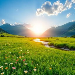 A serene landscape featuring a lush green meadow with vibrant wildflowers scattered across it