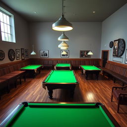 A rectangular room featuring four American pool tables arranged in a central area with neatly organized rows of seats along the sides