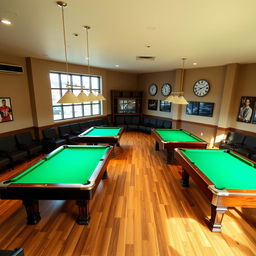 A rectangular room featuring four American pool tables arranged in a central area with neatly organized rows of seats along the sides