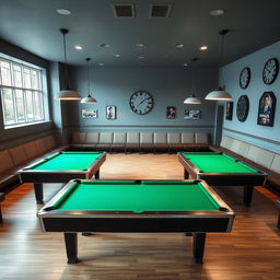 A rectangular room featuring four American pool tables arranged in a central area with neatly organized rows of seats along the sides