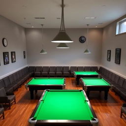 A rectangular room featuring four American pool tables arranged in a central area with neatly organized rows of seats along the sides