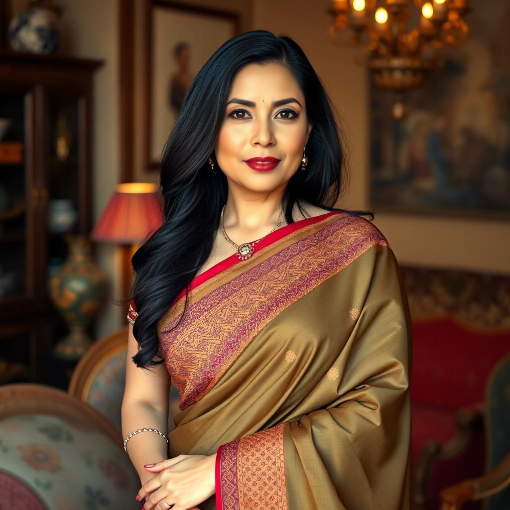 A 40-year-old Asian woman elegantly draped in a traditional saree with intricate patterns, gracefully posed to showcase the flowing fabric