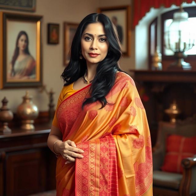 A 40-year-old Asian woman elegantly draped in a traditional saree with intricate patterns, gracefully posed to showcase the flowing fabric