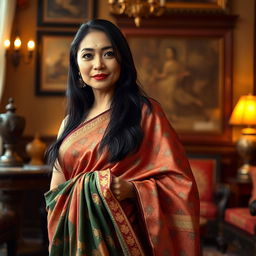 A 40-year-old Asian woman elegantly draped in a traditional saree with intricate patterns, gracefully posed to showcase the flowing fabric