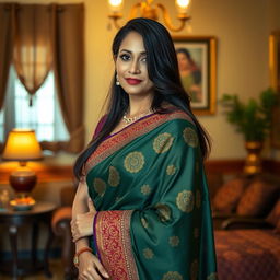 A 40-year-old Asian woman elegantly draped in a traditional saree with intricate patterns, gracefully posed to showcase the flowing fabric