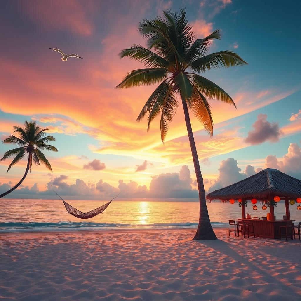 Create a hyper-realistic scene of a tranquil and picturesque beach at sunset, with golden light reflecting off the calm waters