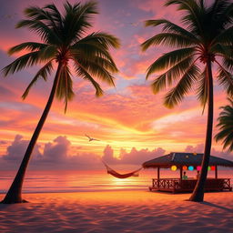 Create a hyper-realistic scene of a tranquil and picturesque beach at sunset, with golden light reflecting off the calm waters