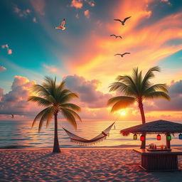 Create a hyper-realistic scene of a tranquil and picturesque beach at sunset, with golden light reflecting off the calm waters