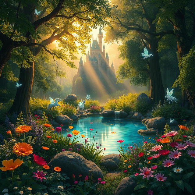 A whimsical enchanted forest scene during the golden hour, with magical creatures like fairies and unicorns