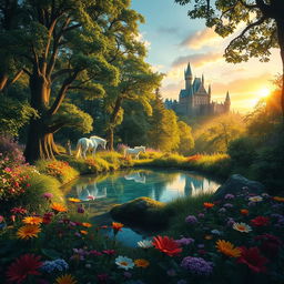 A whimsical enchanted forest scene during the golden hour, with magical creatures like fairies and unicorns