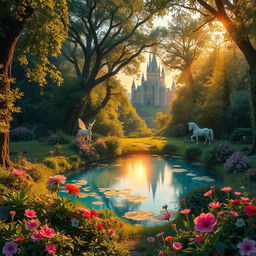 A whimsical enchanted forest scene during the golden hour, with magical creatures like fairies and unicorns