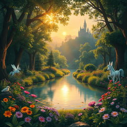 A whimsical enchanted forest scene during the golden hour, with magical creatures like fairies and unicorns