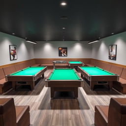 A rectangular room featuring four American pool tables positioned in pairs along the length of the room