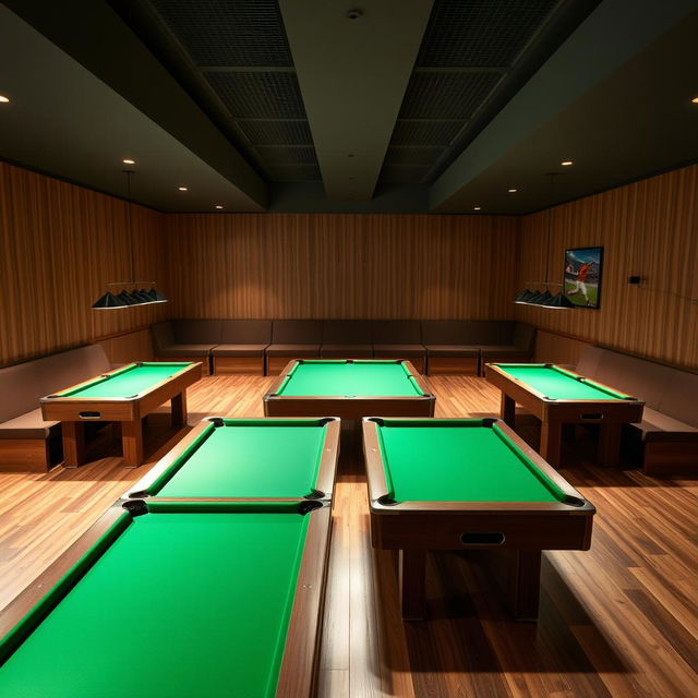 A rectangular room featuring four American pool tables positioned in pairs along the length of the room