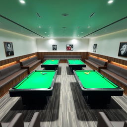 A rectangular room featuring four American pool tables positioned in pairs along the length of the room