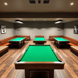 A rectangular room featuring four American pool tables positioned in pairs along the length of the room