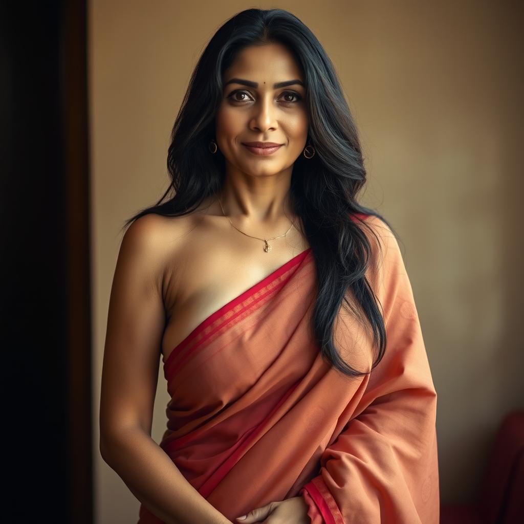 A mature 40-year-old Asian woman in a beautifully draped saree, exuding confidence and elegance