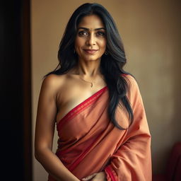 A mature 40-year-old Asian woman in a beautifully draped saree, exuding confidence and elegance