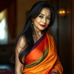 A mature 40-year-old Asian woman in a beautifully draped saree, exuding confidence and elegance