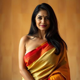 A mature 40-year-old Asian woman in a beautifully draped saree, exuding confidence and elegance