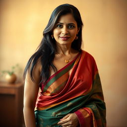 A mature 40-year-old Asian woman in a beautifully draped saree, exuding confidence and elegance