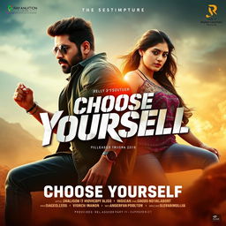 Design an adventure movie poster for 'Choose Yourself' featuring the lead actor Vijay and actress Trishsa