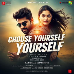 Design an adventure movie poster for 'Choose Yourself' featuring the lead actor Vijay and actress Trishsa