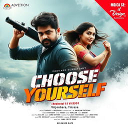 Design an adventure movie poster for 'Choose Yourself' featuring the lead actor Vijay and actress Trishsa