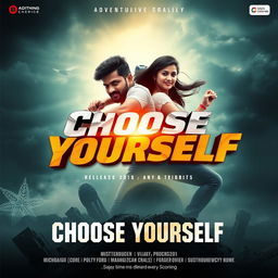 Design an adventure movie poster for 'Choose Yourself' featuring the lead actor Vijay and actress Trishsa