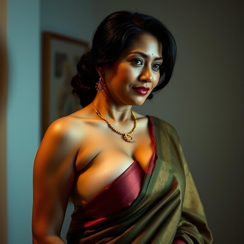 A sophisticated and confident 40-year-old Asian woman in a traditional saree, posed in a way that tastefully reveals her breasts