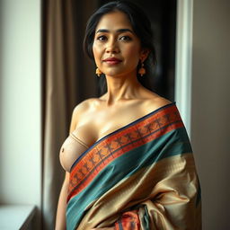 A sophisticated and confident 40-year-old Asian woman in a traditional saree, posed in a way that tastefully reveals her breasts