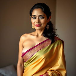 A sophisticated and confident 40-year-old Asian woman in a traditional saree, posed in a way that tastefully reveals her breasts