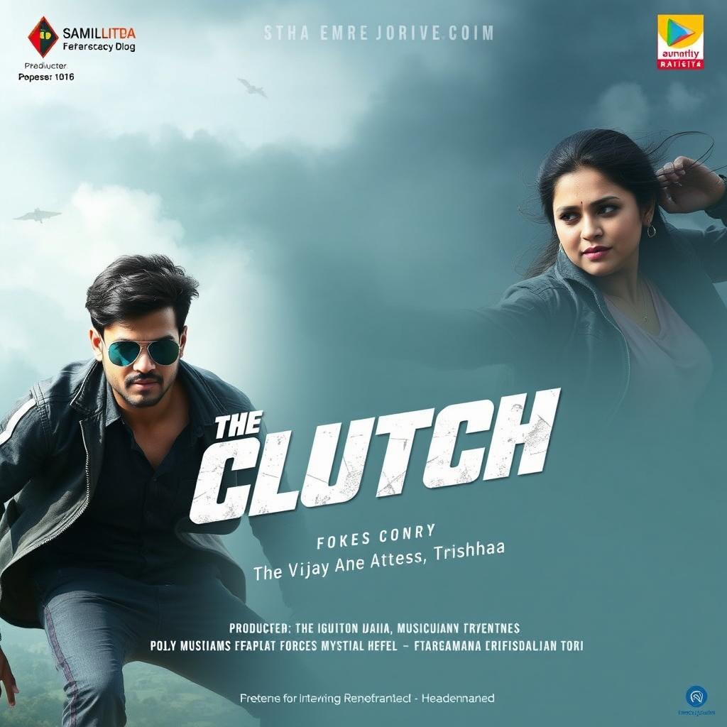 Design an adventure movie poster for 'The Clutch' featuring the lead actor Vijay and actress Trishsa