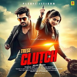 Design an adventure movie poster for 'The Clutch' featuring the lead actor Vijay and actress Trishsa