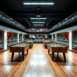 A rectangular room featuring four foosball tables positioned in pairs along the length of the room