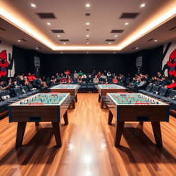 A rectangular room featuring four foosball tables positioned in pairs along the length of the room