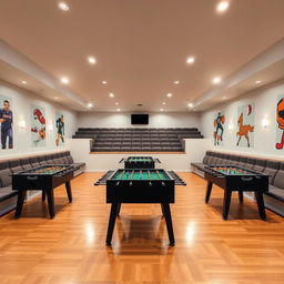 A rectangular room featuring four foosball tables positioned in pairs along the length of the room