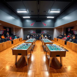 A rectangular room featuring four foosball tables positioned in pairs along the length of the room