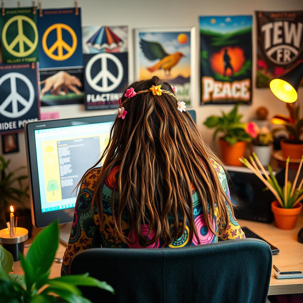 A hippie sitting at a desk, focusing on a computer screen