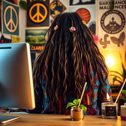 A hippie sitting at a desk, focusing on a computer screen