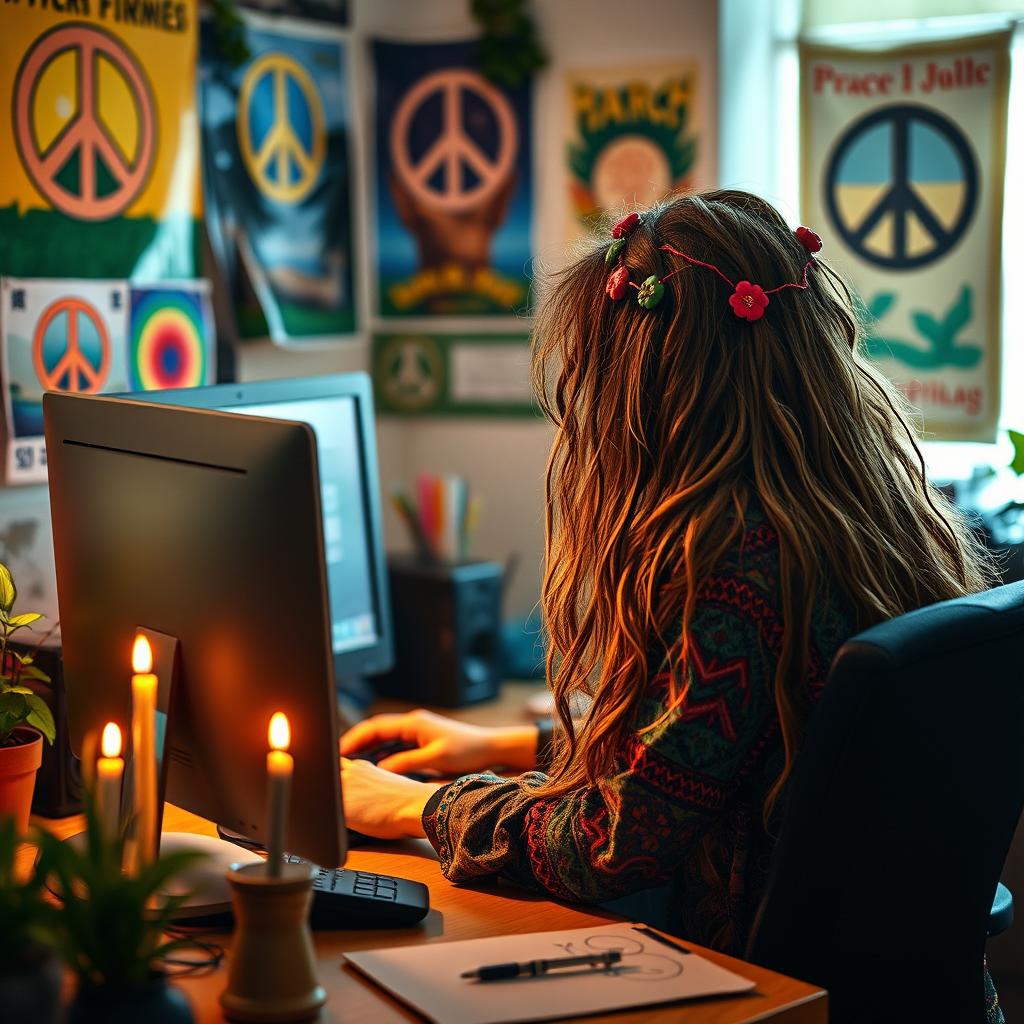 A hippie sitting at a desk, focusing on a computer screen