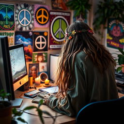 A hippie sitting at a desk, focusing on a computer screen