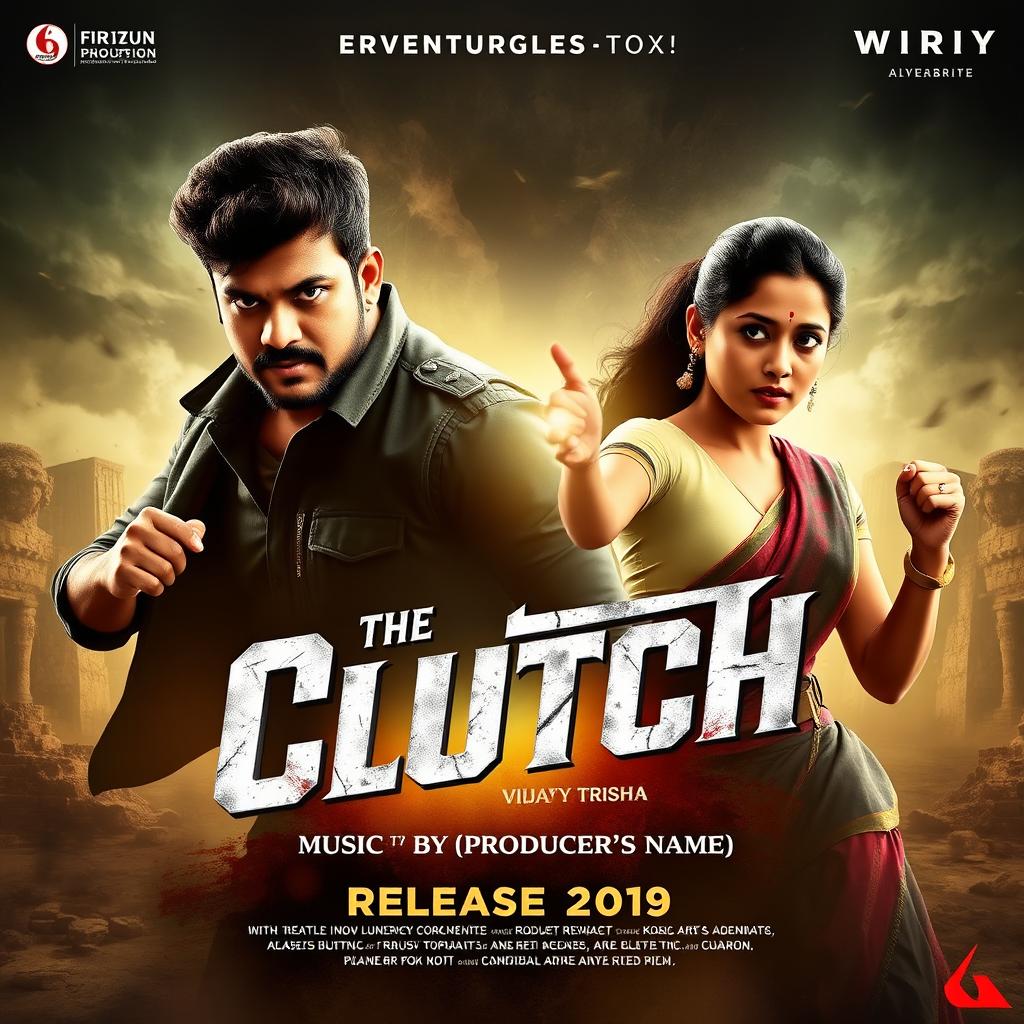 A thrilling adventure movie poster for "The Clutch" featuring actors Vijay and Trisha as the lead characters