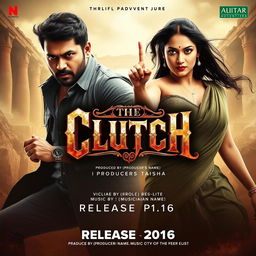 A thrilling adventure movie poster for "The Clutch" featuring actors Vijay and Trisha as the lead characters