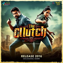 A thrilling adventure movie poster for "The Clutch" featuring actors Vijay and Trisha as the lead characters