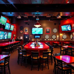 A lively sports bar interior with a central bar counter surrounded by stools