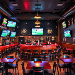 A lively sports bar interior with a central bar counter surrounded by stools