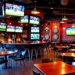 A lively sports bar interior with a central bar counter surrounded by stools