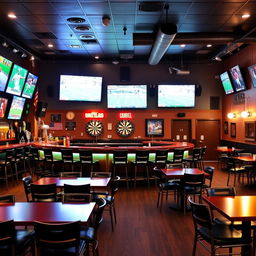 A lively sports bar interior with a central bar counter surrounded by stools