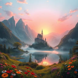 a magical landscape featuring a grand castle nestled amidst towering mountains, a crimson sunrise painting the sky, and a serene lake reflecting the scenery